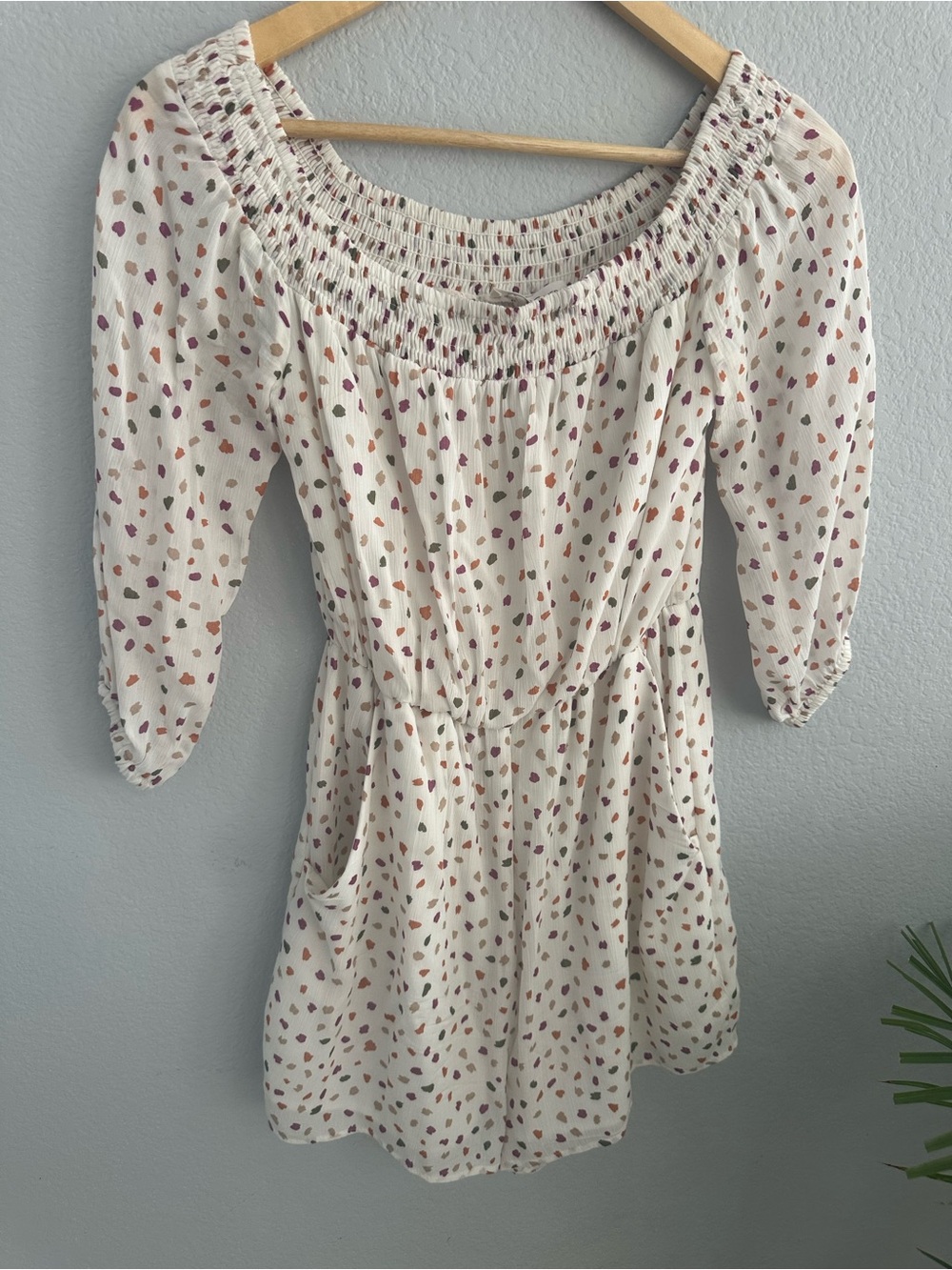 Women's Cream Smocked Neck Dot Print romper